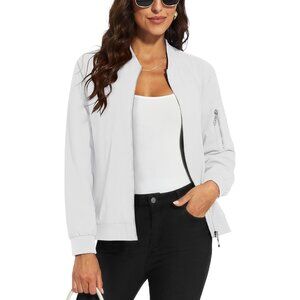 Women's Casual Jacket Bomber Jackets 5 Pockets Windbreaker Zip-Up Spring White